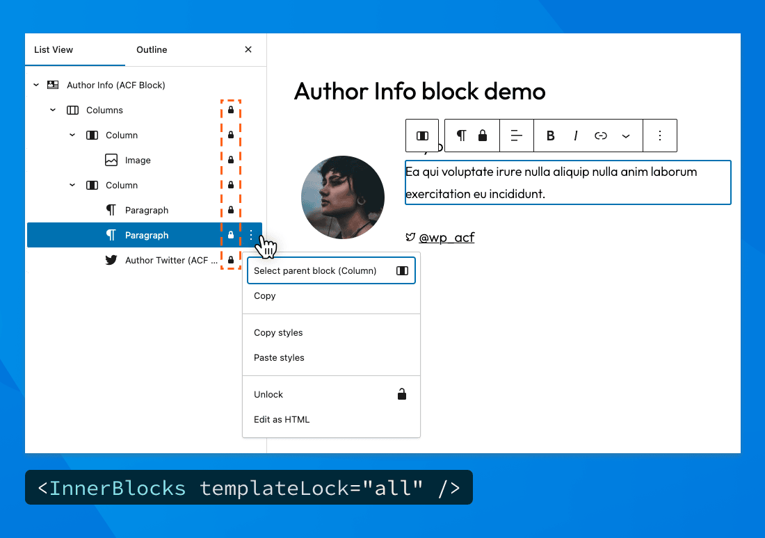 展开列表视图侧栏并显示所有嵌套块的编辑器，带有锁定图标。InnerBlock templateLock=all的结果。
