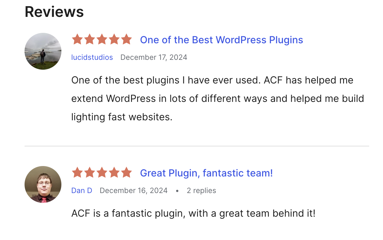 Screenshot showing two recent reviews of the ACF plugin. The text reads: “One of the Best WordPress Plugins, lucidstudios, December 17, 2024: One of the best plugins I have ever used. ACF has helped me extend WordPress in lots of different ways and helped me build lighting fast websites.” and “Great Plugin, fantastic team!, Dan D, December 16, 2024, ACF is a fantastic plugin, with a great team behind it!”