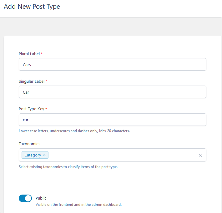 Configuring a new post type in ACF.