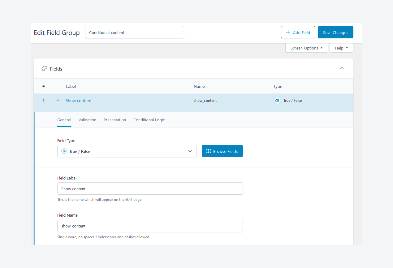 Creating a custom ACF field group with a True / False field type