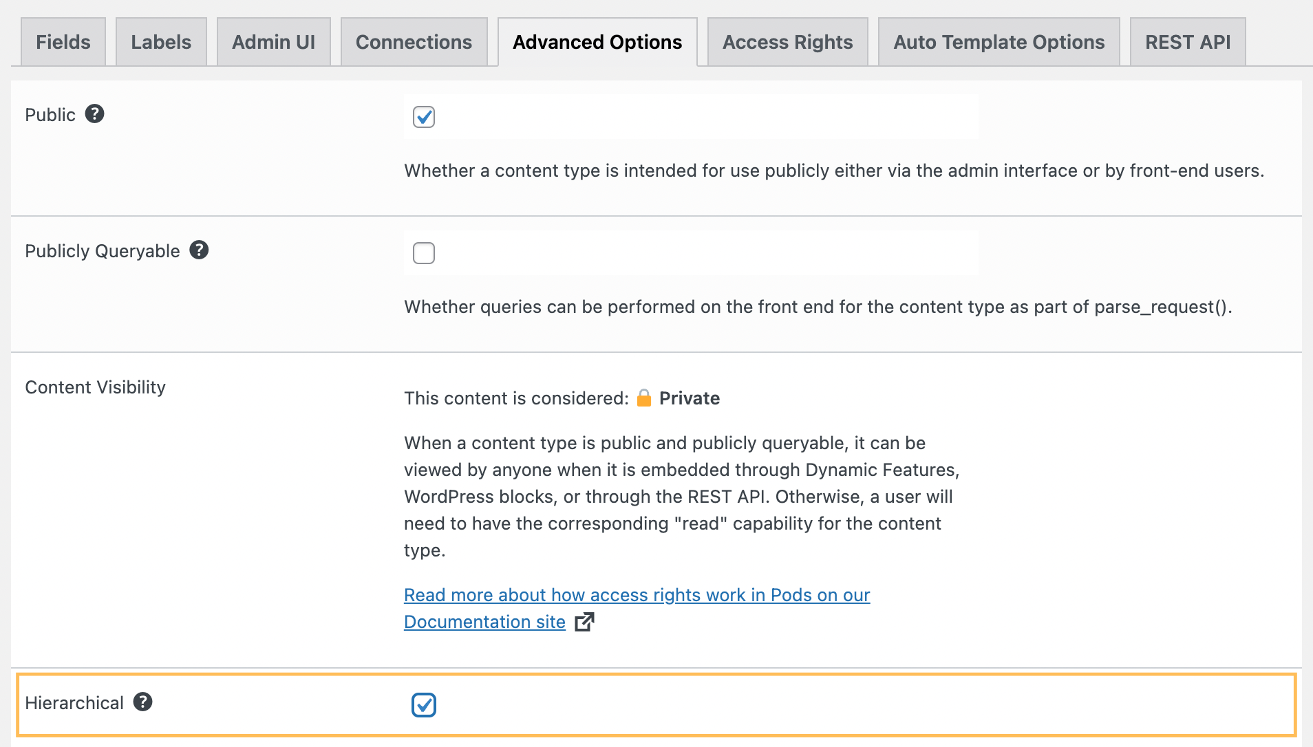 Choosing structure for new content in the Pods plugin