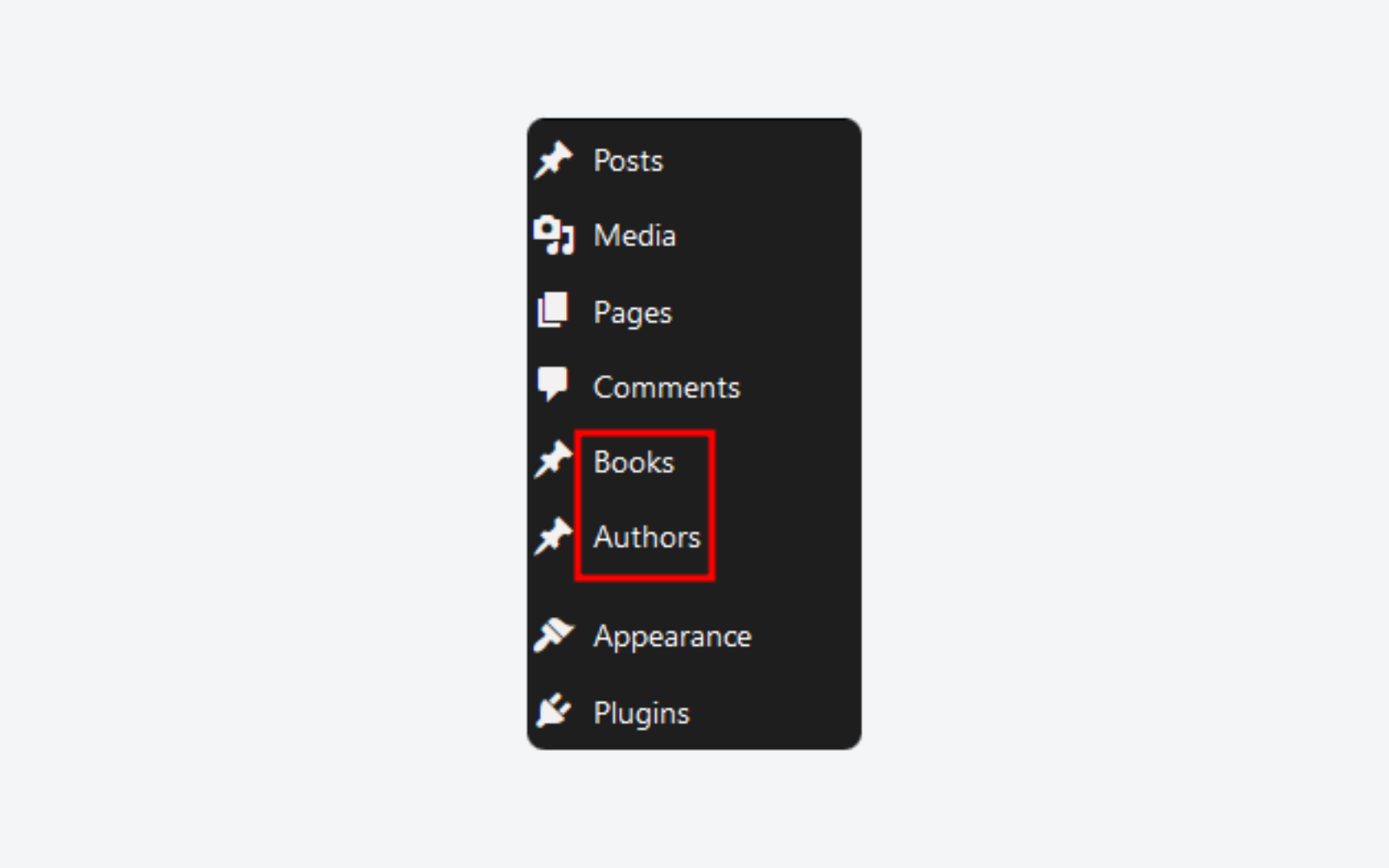 Adding custom WordPress post types manually with the example shown as Books and Authors.